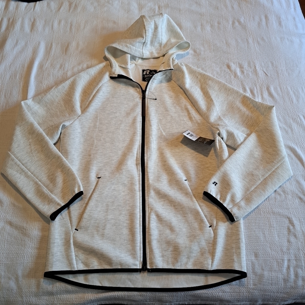 Russell men's M 38-40 Fusion Knit hoodie with 2 way zipper, light gray New
